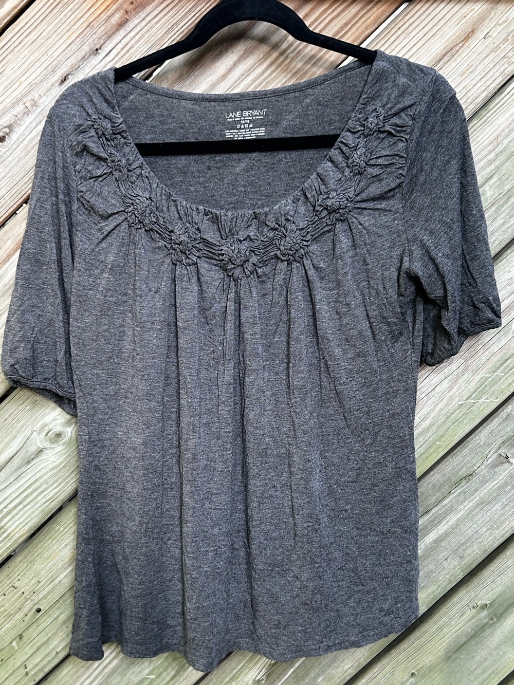 Lane Bryant Charcoal Heather Gray Scoop Neck Ruffle-Trim Rosette Top size 14/16